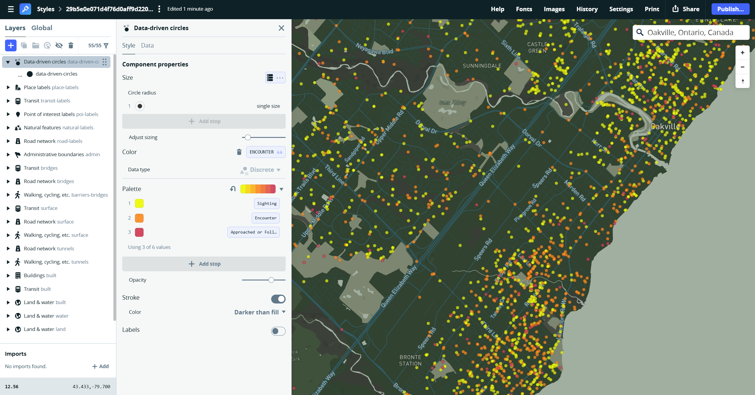 Bivariate map of Coyote encounters in oakville
